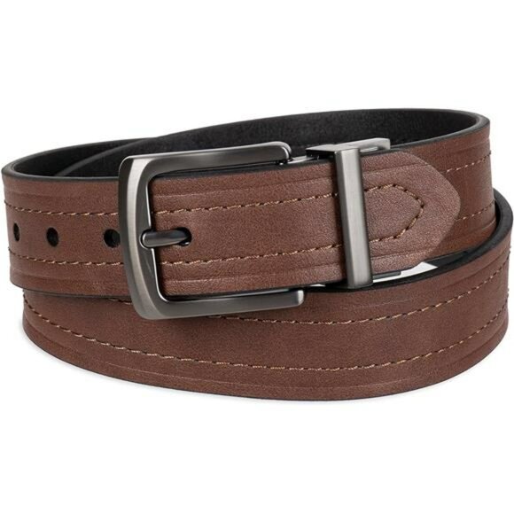 Mens Reversible Casual Leather Belt Rotating Buckle for Jeans or Khakis - Picture 2 of 7